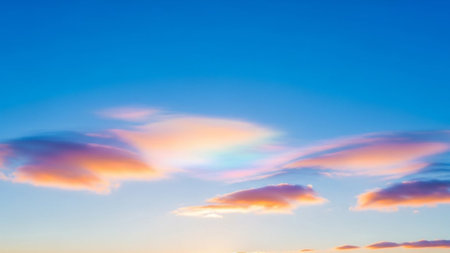 A vibrant sky at sunset colorful lenticular clouds in shades of orange, pink, and purple against blue.の素材