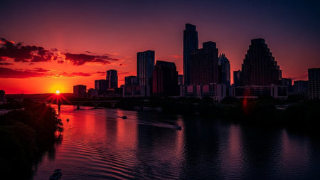 A view of the Austin skyline silhouetted against a dramatic and vibrant red sunset. The sky is ablaze with fiery oranges, deep reds, and soft purples, casting a warm glow over the scene. The city's modern architecture stands in stark contrast to the colorful sky. The river in the foreground mirrors the vibrant hues, creating reflections on its rippling surface. A few boats add a sense of gentle movement to the tranquil urban landscape.の素材