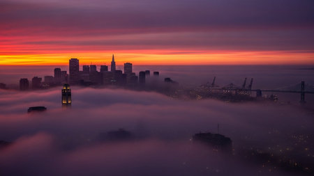 An aerial view of the San Francisco skyline dramatically emerging from a thick blanket of fog. The city's buildings and the Bay Bridge are partially obscured by the low-lying clouds, creating an ethereal and moody atmosphere. The sky above is a vibrant display of sunrise colors, with streaks of orange, yellow, pink, and purple. The contrast between the glowing sky and the misty city is striking.の素材