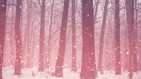 A serene and magical winter forest scene bathed in a soft, ethereal pink light. Bare tree trunks stand tall amidst a blanket of snow. Numerous small, glowing particles resembling glitter or fairy dust drift down through the air, creating a dreamlike and atmosphere. The light catches these particles, causing them to shimmer and sparkle, adding depth and a sense of wonder to the woodland setting. The overall mood is peaceful, mystical, and softly romantic.の素材