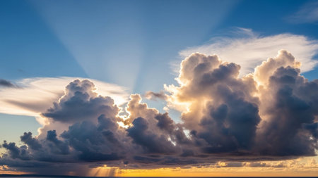 A dramatic sunset illuminates large, luminous cumulus clouds with golden sun rays breaking through over a calm ocean...の素材