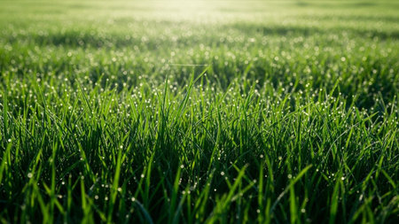 20251228 showing lush green grass field with sparkling dew drops glistening in the soft morning sunlight creating a...の素材