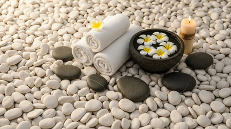 Candle showing serene spa setting with rolled white towels, frangipani flowers in water, smooth stones, and a lit...の素材