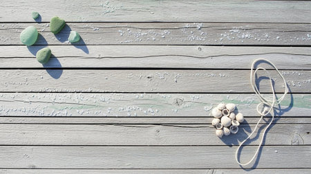 20251228 showing seaside arrangement of smooth green pebbles, small seashells, and a coiled rope on weathered grey...の素材