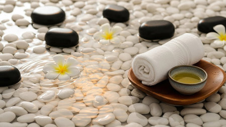 A tranquil spa scene featuring smooth black stones, white pebbles, a rolled white towel, and white frangipani...の素材