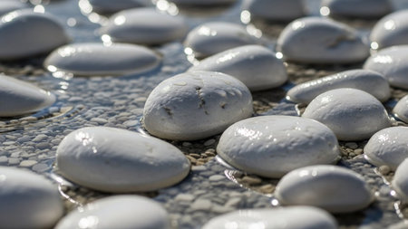 Smooth, white pebbles are partially submerged in shallow, clear water, revealing smaller grey stones beneath the...の素材