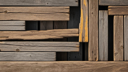 A close-up view of weathered wooden planks with visible grain and knots, creating a rustic and textured background.の素材