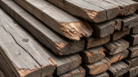 Visible showing stack of weathered gray wooden planks with rough edges and visible grain. resolutionの素材