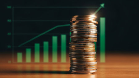 A tall stack of gold and silver coins illuminated by light, set against a green bar graph showing upward growth.の素材