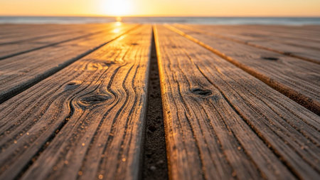 Weathered wooden planks of a boardwalk bathed in warm golden sunset light, leading towards the calm ocean horizon.の素材