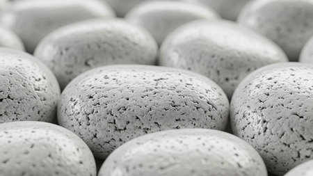 A close-up, textured view of many smooth, round white stones arranged densely with a shallow depth of field.の素材