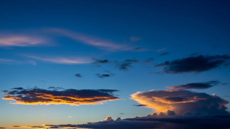 20251228 showing dramatic sunset sky with vibrant orange and pink clouds against a deep blue twilight.の素材