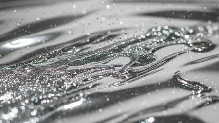 An abstract close-up of a shimmering liquid surface, heavily laden with sparkling silver glitter particles. The fluid is in motion, creating subtle waves and ripples that catch the light, producing a glossy effect. Tiny bokeh highlights add to the magical and ethereal of the metallic sheen and the scattered glitter create a rich, dynamic texture that is both visually andの素材