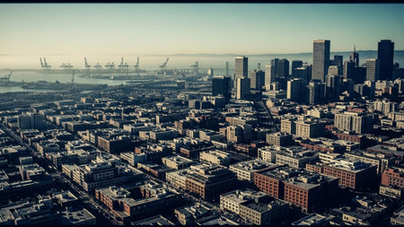 An elevated perspective of a vast industrial port city. Numerous shipping cranes dominate the waterfront, surrounded by a dense collection of buildings and industrial structures. The city stretches towards the horizon, partially obscured by a light haze. Sunlight casts long shadows, highlighting the textures of rooftops and industrial equipment. The scene a busy hub of commerce and transportation, showcasing the scale of urban industrial development.の素材