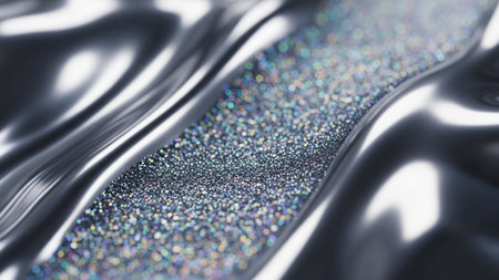 An abstract, close-up view of a flowing, liquid metallic surface with a texture. The dominant color is a sleek, reflective silver or chrome, with smooth, undulating waves and ripples creating a sense of depth and movement. Embedded within this metallic flow is a dense scattering of holographic glitter particles. These tiny particles catch the light, producing a vibrant, iridescent shimmer with a spectrum of colors, including blues, purples, and greens. The overall effect is futuristic,...の素材
