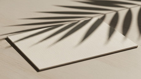 A blank, textured card with a subtle off-white or cream color rests on a neutral-toned surface. A distinct shadow of a palm leaf is cast diagonally across the card and the surface, creating an artistic and natural The lighting appears to be soft and diffused, casting gentle but defined shadows. offers a clean, minimalist aesthetic with ample copy space, making it mockups, presentations, or seeking a touch of organic elegance and a serene, natural feel. The texture of the card and surface...の素材
