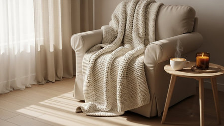 A warm and inviting scene a plush armchair draped with a thick, cream-colored knitted blanket. Sunlight streams through a nearby window, casting soft shadows and illuminating the cozy textures of the room. A small wooden side table next to the chair holds a steaming cup of coffee and a lit candle, adding to the ambiance of comfort and relaxation. The overall color palette is neutral and soothing, emphasizing a sense of hygge and tranquility. is lifestyle, home decor, or wellness-related...の素材