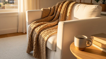 A cozy and inviting scene featuring a comfortable armchair draped with a thick, cable-knit blanket in a warm beige hue. Sunlight streams in from a nearby window, casting a soft glow on the scene and highlighting the textures of the blanket and the chair. Beside the armchair, a small wooden table holds a stack of books and a ceramic mug filled with coffee, suggesting a moment of quiet relaxation and personal comfort. The overall atmosphere is one of warmth, peace, and domestic tranquility.の素材