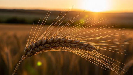 A detailed macro focuses on a single stalk of wheat, its delicate grains catching the warm, golden light of a setting sun. The background is a soft, blurred expanse of a wheat field, creating a bokeh effect that emphasizes the foreground The sun's rays create a luminous glow, highlighting the intricate details of the wheat stalk and casting long shadows. The evokes a sense of peace, natural beauty, and the bounty of the harvest.の素材