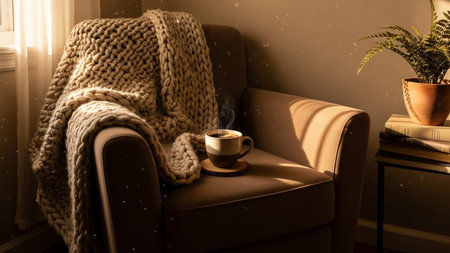 A plush armchair is draped with a thick, hand-knitted blanket, exuding warmth and comfort. A steaming mug of coffee rests on a wooden coaster on the seat, its vapor rising gently. Sunlight streams in from a nearby window, casting long shadows and highlighting the textures of the fabric and the plant on the side table. The scene evokes a sense of peaceful relaxation and cozy domesticity.の素材