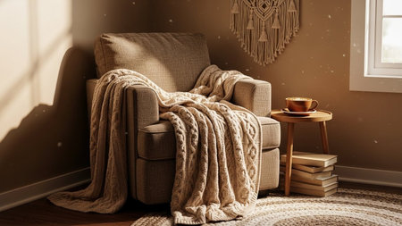 A plush armchair draped with a thick, cable-knit blanket is bathed in warm sunlight streaming through a window. A small wooden side table beside the chair holds a coffee cup and a stack of books, suggesting a moment of quiet relaxation. The room neutral tones and textured decor, creating a cozy and inviting atmosphere.の素材