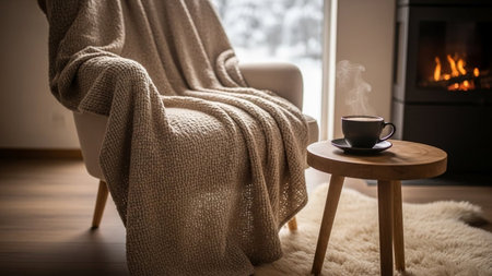 A plush armchair draped with a thick, textured knit blanket sits beside a small wooden side table. On the table, a dark ceramic cup holds steaming coffee, its vapor rising into the cool air. In the background, a modern black fireplace glows with a warm, inviting fire, casting a soft light. The scene is set on a wooden floor covered by a fluffy sheepskin rug, creating a sense of ultimate comfort and relaxation. The window in the background hints at a wintery outdoor scene, emphasizing the...の素材