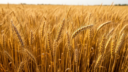 A detailed close-up shot of a golden wheat field bathed in bright sunlight. The focus is on the individual stalks and ears of wheat, showcasing their texture and rich amber color. The background is a blur of more wheat, creating a sense of depth and abundance. evokes feelings of warmth, harvest, and the natural beauty of agricultural landscapes. It highlights the essential qualities of this vital food source.の素材