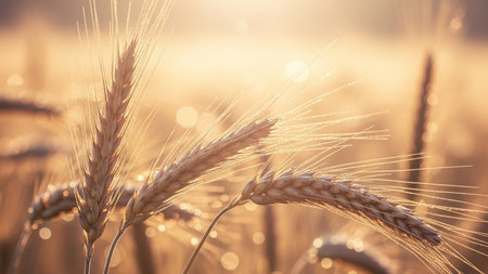 A close-up macro of golden wheat stalks in a field, glistening with tiny dew drops. The warm, soft light of the morning sun illuminates the scene, creating a bokeh effect in the background. The intricate details of the wheat grains and the delicate moisture on the stalks are highlighted, showcasing the natural beauty and texture of the agricultural landscape. The evokes a sense of freshness, growth, and the peaceful serenity of a rural morning.の素材