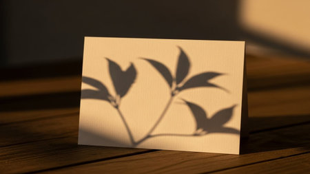 The delicate shadow of a plant with multiple leaves is cast across a blank greeting card. The card is positioned on a wooden surface, and the scene is bathed in the warm, soft light of the golden hour. The contrast between the sharp shadow and the gentle illumination creates an artistic and serene composition. The evokes a sense of nature and tranquility.の素材