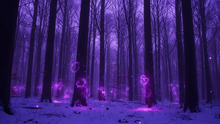 A surreal and forest scene unfolds under the cloak of night, illuminated by a deep, vibrant purple light. Snow covers the ground, and bare trees stand like silent sentinels. Scattered throughout the woods are glowing, magical particles and ethereal, ring-shaped lights that cast a soft, luminous glow. The atmosphere is mystical and dreamlike, evoking a sense of fantasy and wonder. The contrast between the dark trees, the white snow, and the vivid purple light creates a and otherworldly visual...の素材