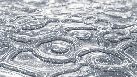 An abstract macro shot reveals a surface of shimmering silver liquid. The fluid is captured in a state of dynamic motion, forming intricate, swirling patterns and organic shapes. Tiny particles of glitter are suspended within the liquid, catching the light and creating a sparkling, luminous effect. The texture is both smooth and complex, with highlights and shadows emphasizing the depth and fluidity. evokes a sense of modern, futuristic beauty and artistic expression through its metallic...の素材