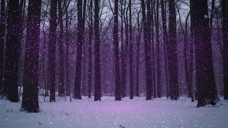 A and magical winter forest scene blanketed in snow. The dark silhouettes of bare trees stand starkly against a muted background, while the ground and air are filled with thousands of tiny, glowing purple particles. These luminous specks create an ethereal and atmosphere, transforming the ordinary woodland into a mystical wonderland. The soft glow of the particles illuminates the snow, casting a gentle, dreamlike light.の素材