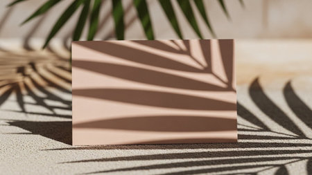 A minimalist composition featuring a plain beige rectangular card placed on a lightly textured surface, possibly sand or concrete. Dramatic shadows cast by palm leaves fall across the card and the surface, creating an abstract pattern of light and dark. The scene is bathed in natural light, highlighting the contrast between the shadows and the neutral tones of the card and background. The overall aesthetic is clean, serene, and modern, with ample copy space.の素材