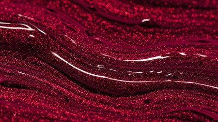 A highly detailed macro shot of a deep red, shimmering lipstick texture. The surface is characterized by wavy, flowing lines of rich, dark red pigment, interspersed with countless tiny, sparkling glitter particles that catch the light. Streaks of glossy liquid create highlights and add to the feel. The overall impression is one of opulence, glamour, and intense color. The focus is on the abstract beauty of the itself, highlighting its rich hue and sparkling, tactile qualities.の素材