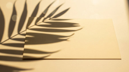 A minimalist composition featuring a blank, beige rectangular card placed on a matching beige surface. The soft, elongated shadow of a tropical palm leaf is cast across the card and the surface, creating an and natural visual The shadow is sharp on the card, highlighting its texture, while the background subtle bokeh effects. evokes a sense of calm, sophistication, and offers ample copy space for or text.の素材