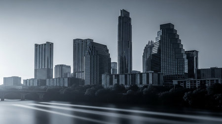 A panoramic view of a modern city skyline at dusk. Tall skyscrapers of varying dominate the scene, casting shadows and reflecting in the calm waters of a river in the foreground. A bridge spans the river, its lights faintly visible. The overall mood is and serene, with a monochrome color palette of blues and grays enhancing the architectural forms.の素材