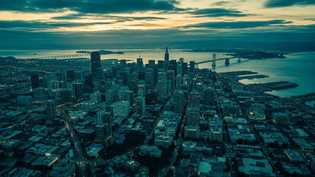 A dramatic aerial view of the San Francisco cityscape at dusk presents a moody and atmospheric scene. The urban sprawl is bathed in deep blue and teal tones, with the city lights beginning to twinkle as darkness descends. Prominent skyscrapers form a dense cluster in the heart of the city, while the iconic Bay Bridge stretches across the water, its lights creating a luminous pathway. The surrounding bay and distant hills are shrouded in a soft haze, adding to the enigmatic of the sky is...の素材