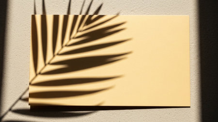 The sharp, distinct shadow of a palm leaf is cast across a plain beige rectangle and the textured surface it rests upon. The shadow creates a striking pattern of lines and shapes, contrasting with the smooth, light color of the rectangle and the rough texture of the surface. The composition is minimalist and modern, with the interplay of light and shadow creating a sense of depth and visual interest. offers ample copy space and a clean aesthetic.の素材