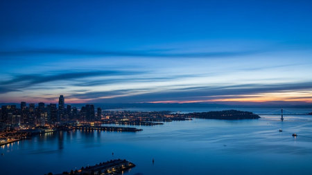 A panoramic view of a city skyline at dusk. The deep blue twilight sky is streaked with subtle clouds, contrasting with the illuminated buildings and the calm, reflective surface of the water below. The city lights twinkle, casting a warm glow on the urban landscape. A distant bridge is visible, adding to the sense of scale and depth in this serene evening scene.の素材