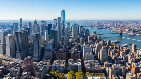 An expansive aerial perspective showcases the iconic New York City skyline under a clear blue sky. Numerous skyscrapers of varying heights dominate the view, with the distinct shapes of the Freedom Tower and other prominent buildings visible. The East River and Hudson River are visible, with the Brooklyn Bridge and Manhattan Bridge spanning the water. Boats navigate the waterways, and the dense urban landscape stretches towards the horizon, highlighting the immense scale and energy of this...の素材