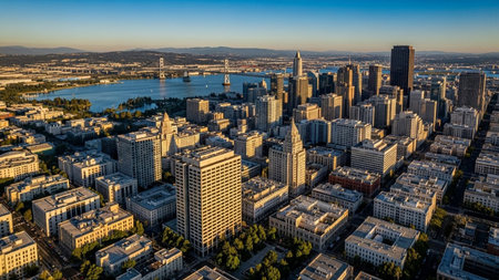 An expansive aerial view captures a modern city skyline bathed in the warm glow of sunset. Numerous skyscrapers and varied buildings dominate the landscape, situated alongside a wide body of water, likely a bay or river. Bridges are visible, connecting different parts of the city. The sky is clear and blue, transitioning to warmer tones near the horizon. The scene conveys a sense of urban scale and the beauty of a city at dusk.の素材