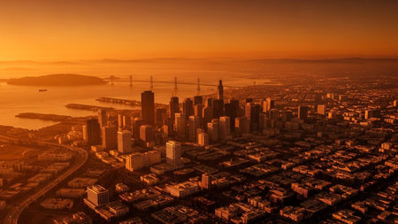 An aerial view of the San Francisco cityscape at sunset. Tall skyscrapers dominate the urban landscape, bathed in the warm, orange glow of the setting sun. The iconic Bay Bridge spans across the water, connecting the city to the distant hills. A light haze or fog adds depth and atmosphere to the scene, creating a dramatic and expansive view of the bustling metropolis.の素材