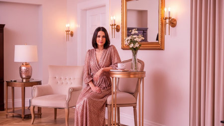 An woman with short dark hair sits gracefully on a chair in a softly lit pink interior. She wears a shimmering rose gold sequined dress. Beside her, a small round table holds a teacup and saucer, and a vase with a bouquet of white flowers. Wall sconces and an ornate mirror with golden trim adorn the walls, contributing to the opulent and ambiance of the room.の素材