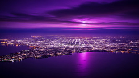 An awe-inspiring aerial view showcases a sprawling cityscape bathed in the vibrant hues of twilight. The city lights form a grid, illuminating the urban landscape from above. The sky above is a dramatic canvas of deep purples and soft pinks, with wispy clouds adding texture. The surrounding water reflects the city's glow, creating a visual effect. captures the immense energy and scale of a modern metropolis at night, with its intricate network of lights stretching towards the horizon.の素材