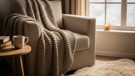A soft beige armchair is draped with a thick, chunky knit blanket in a neutral tone, creating a cozy and inviting atmosphere. Beside the chair, a small wooden side table holds a stack of books and a ceramic mug, suggesting a moment of quiet relaxation. Sunlight streams through a nearby window, illuminating a lit candle on the windowsill, casting a warm glow. A fluffy sheepskin rug covers the floor, adding to the overall sense of comfort and warmth in this domestic interior scene.の素材