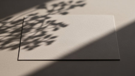 A blank, textured rectangular card is positioned on a neutral beige surface. Soft sunlight streams across the scene, casting a delicate shadow of leaves and branches onto the card and the surface. The interplay of light and shadow creates an organic, artistic effect. The minimalist composition offers ample copy space, making it branding or presentations.の素材