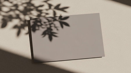 A minimalist composition featuring a blank, grey rectangular card placed on a textured, light beige surface. The scene is enhanced by the soft, dappled shadow of a leafy plant cast across the card and the surface, creating a natural and organic aesthetic. The lighting is gentle, highlighting the textures and the clean lines of the card, offering ample copy space forの素材