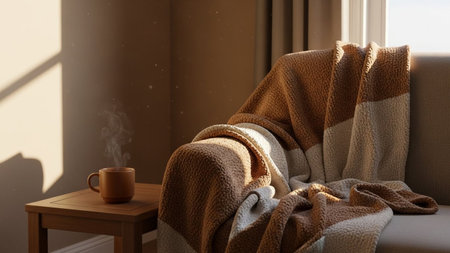 A close-up view of a cozy living room interior bathed in warm sunlight streaming through a window. A textured throw blanket in shades of brown and beige is draped over an armchair or sofa. Next to it, a small wooden side table holds a brown mug from which steam rises, indicating a hot beverage. The light creates dappled shadows on the wall, enhancing the serene and inviting atmosphere of the domestic scene.の素材