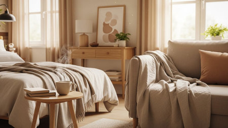 A serene and cozy bedroom interior bathed in soft, natural light streaming through sheer curtains. The scene a comfortable bed with plush neutral-toned bedding and a warm throw blanket. A small wooden side table holds a book and a steaming mug, suggesting a peaceful morning. In the foreground, a soft sofa with a draped blanket adds to the inviting atmosphere. The decor is minimalist and warm, with wooden furniture and subtle artistic touches, creating a tranquil and hygge-inspired living space.の素材
