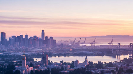 A wide panoramic view of the Oakland skyline and its bustling port at dawn. The sky is painted with soft pastel hues of pink, purple, and orange, casting a gentle light over the scene. The city's modern buildings and the industrial cranes of the port are visible across the water, with a prominent bridge connecting the land. The bay is calm, reflecting the soft morning light, creating a serene and atmospheric urban landscape.の素材